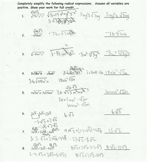 Simplifying Radicals Worksheet 1 Answers Wiseinspire