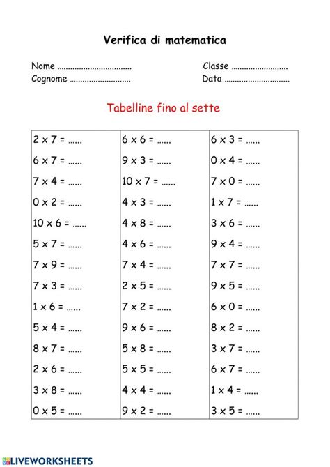 Prova Scritta Tabelline Worksheet St Grade Math Worksheets Math