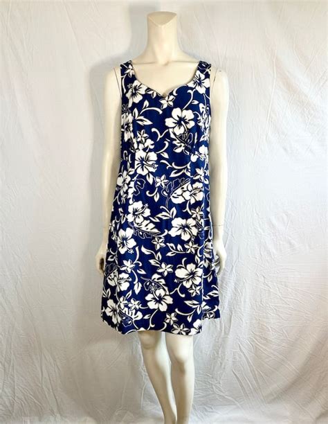 Hilo Hattie Blue And White Hibiscus Hawaiian Dress Mad… Gem