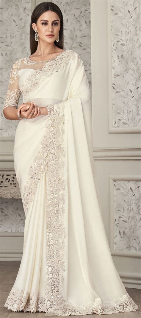 Party Wear Reception White And Off White Color Georgette Fabric Saree