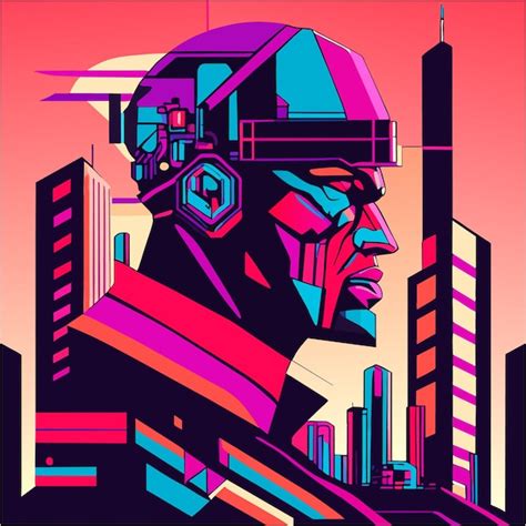 Cidade Do Futuro Pop Art Tatuagem Cyborg Vetor Premium