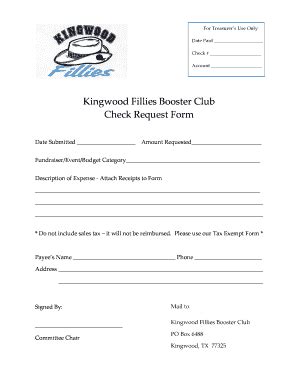 Fillable Online Kingwood Fillies Booster Club Check Request Form Fax