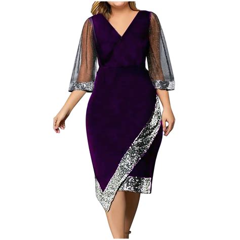 Purple Dresses For Women Solid Color See Through Short Sleeve Sequins Dress Plus Size V Neck