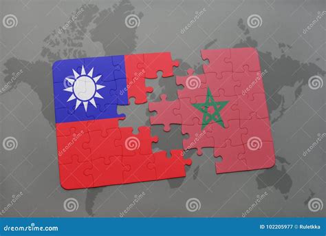 Raadsel Met De Nationale Vlag Van Taiwan En Marokko Op Een Wereldkaart