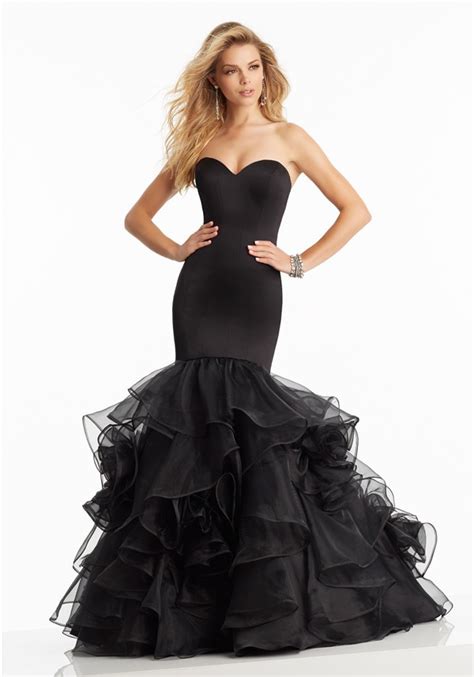 Simple Mermaid Sweetheart Corset Back Black Organza Ruffle Prom Dress