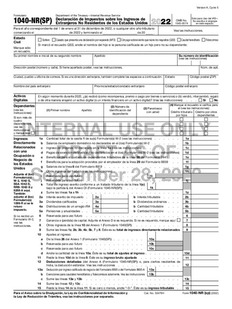 Completable En línea 2022 Form 1040 NR SP U S Nonresident Alien