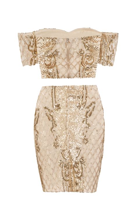 Baddie Vip Nude Gold Sequin And Embroidery Two Piece Skirt Top Co Ord Se