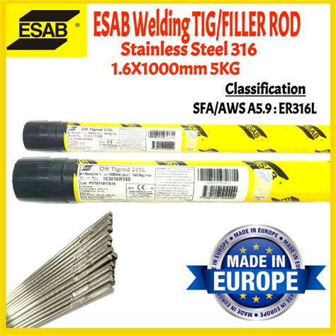 ESAB WELDING TIG ROD FILLER STAINLESS STEEL 316 1 6X1000MM 5KG