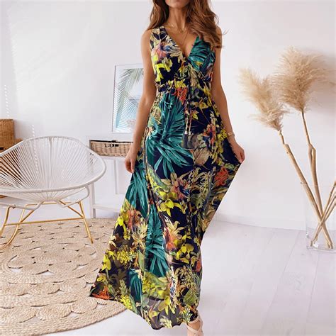 IDALL Summer Dresses Maxi Dresses Women S Sexy Beach Print V Neck Tie