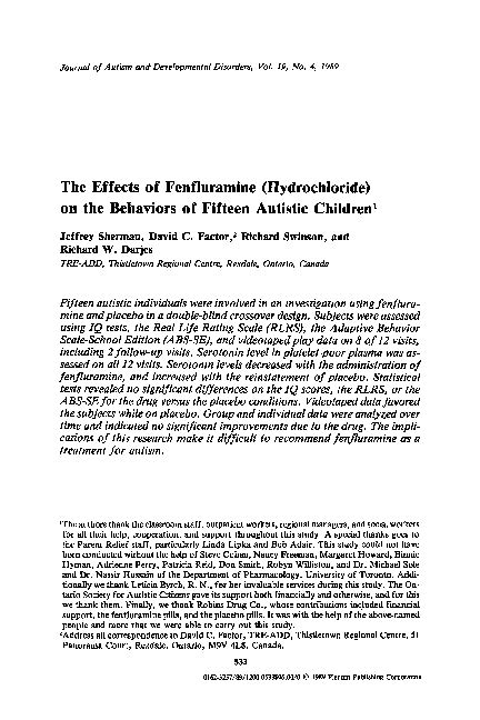 (PDF) The effects of fenfluramine (Hydrochloride) on the behaviors of fifteen autistic children ...