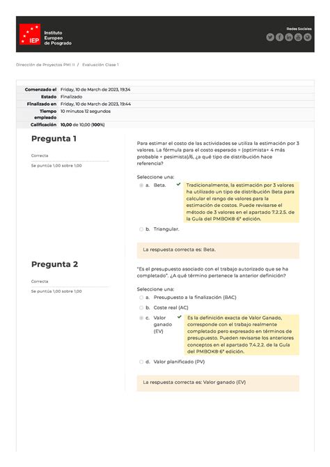 Evaluación Clase 1 PMI II Redes Sociales Dirección de Proyectos PMI