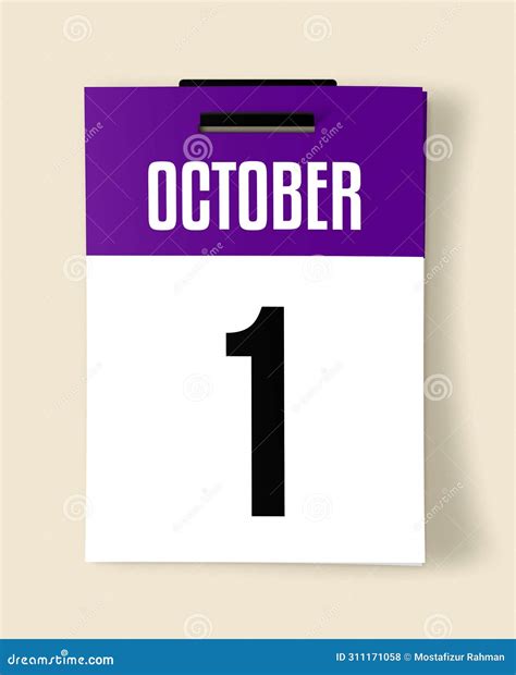 1 October Calendar Date A Realistic Calendar Sheet Hanging On A Wall