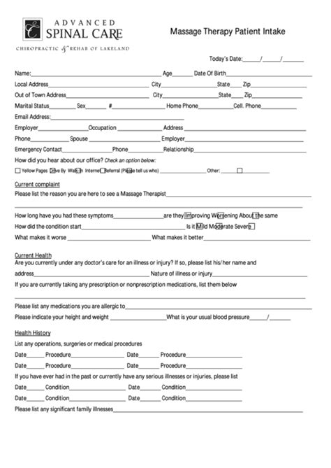 Massage Therapy Patient Intake Form Advanced Spinal Care Printable 1684 Hot Sexy Girl