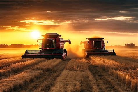 Premium Ai Image Combine Harvester Harvests Wheat From Field On Farm