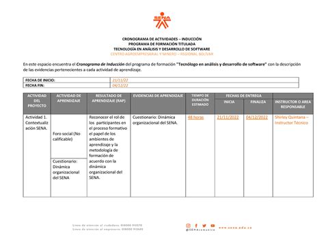 Cronograma Fase Inducci On Cronograma De Actividades Inducci N