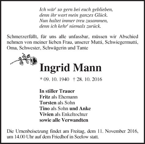 Traueranzeigen Von Ingrid Mann M Rkische Onlinezeitung Trauerportal