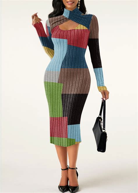 Rotita Plus Size Criss Cross Rainbow Color Geometric Print Dress