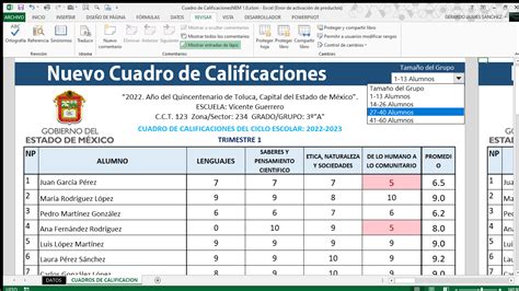 Cuadro de Calificación Automatizado Excel 2023 2024