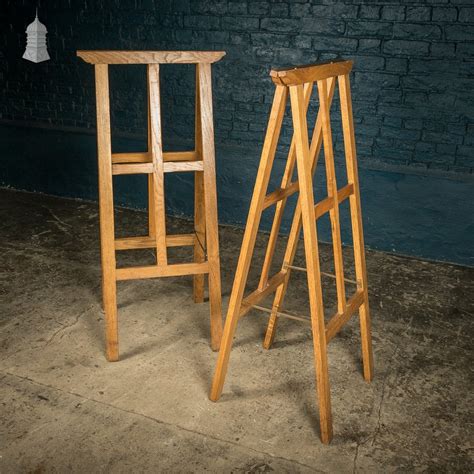 Tall Trestle Coffin Stands 19th C Oak With Brass Hardware Pair