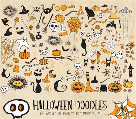 Halloween Doodles Clipart, Digital Hand Drawn Sketched Skulls, Ghosts ...