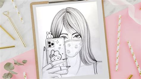 Draw A Girl With Mobile Phone Easy Girl Drawing Easy Pencil