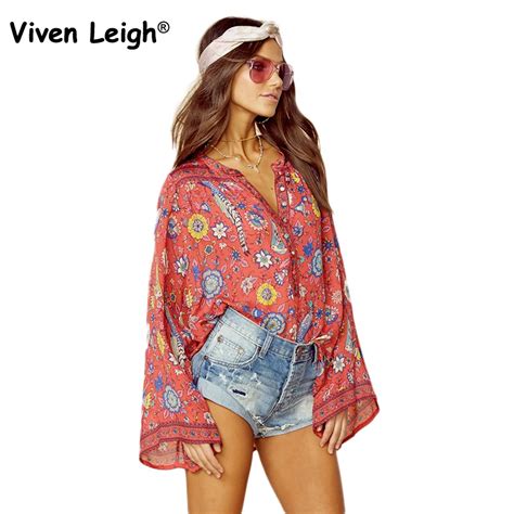 Flare Long Sleeve Button V Neck Bohemian Blouse Women Vintage Hippie