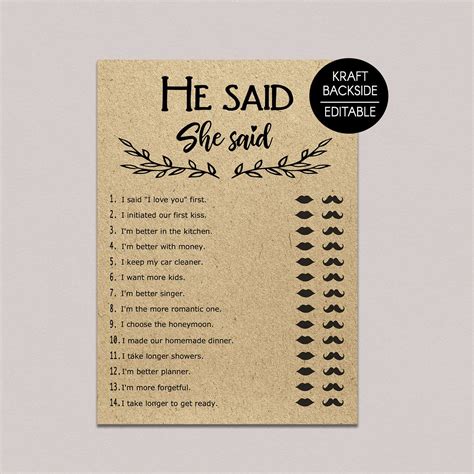 Editable He Said She Said Bridal Shower Game Bride Or Groom Etsy