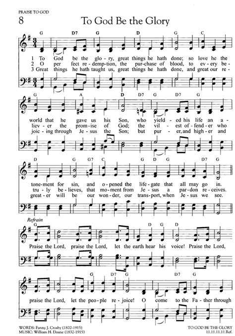 Hymns of Promise: a large print songbook 8. To God be the glory, great things he hath done ...