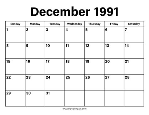 December 1991 Calendar Printable Old Calendars