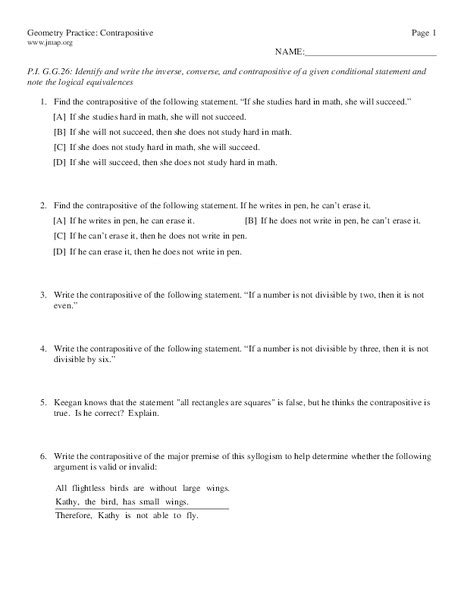 Geometry Practice: Contrapositive Worksheet for 9th - 12th Grade | Lesson Planet