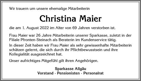 Traueranzeigen Von Christina Maier Augsburger Allgemeine Zeitung