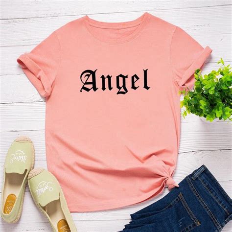 Cheap Angel Letter Print Women T Shirt Short Sleeve O Neck Loose Women