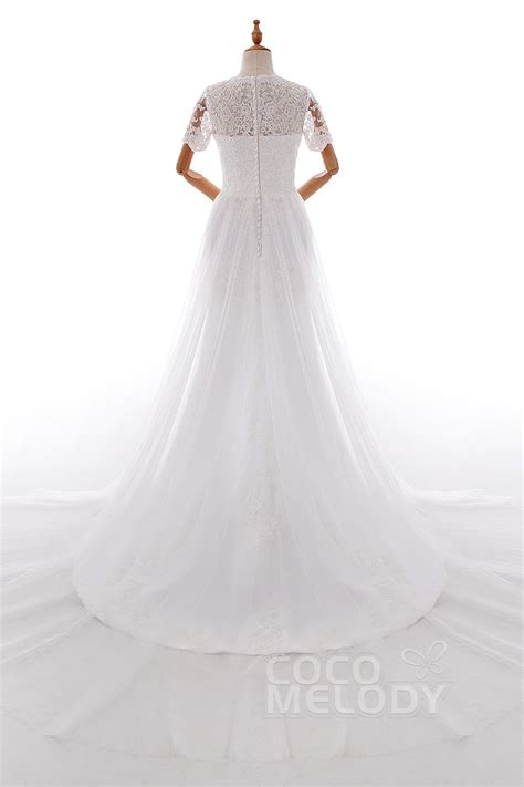 USD 349 A Line Chapel Train Tulle And Lace Wedding Dress LD4773