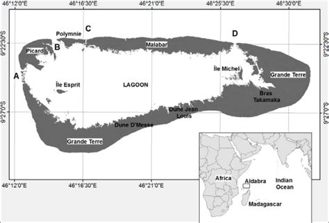 Location of Aldabra Atoll and map of Aldabra showing the four main ...