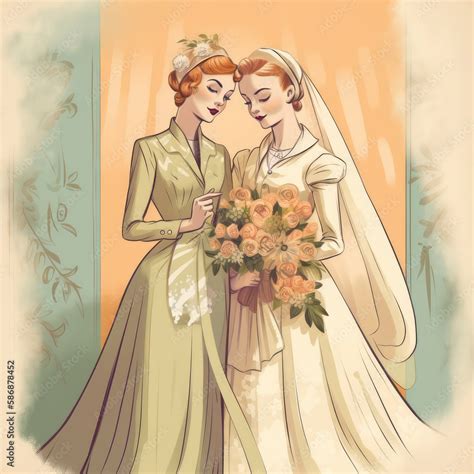 Lesbian Couple Wedding In A Retro 1950s Illustration Style Two Pretty