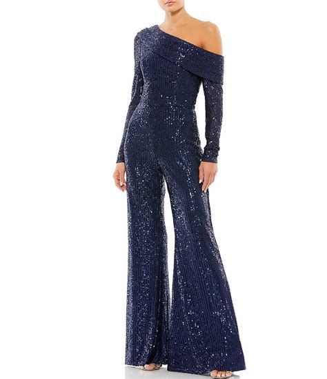 Mac Duggal Asymmetric Off The Shoulder Long Sleeve Flare Leg Sequin