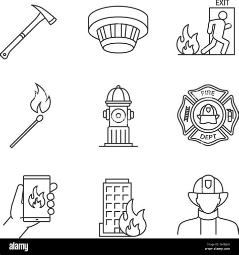 Firefighting Linear Icons Set Badge Matchstick Emergency Call Smoke