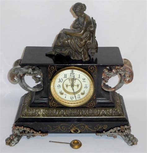 Antique Ansonia Belgium Cast Iron Enamel Clock W Figural Dr