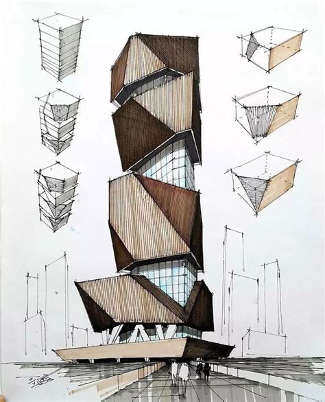 An Artistic Drawing Of A Building With Many Different Shapes And Sizes