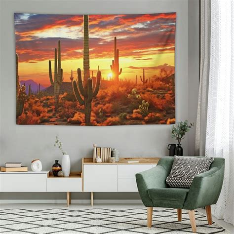 Canflashion Arizona Desert Tapestry Saguaro Cacti Mountains Tapestry