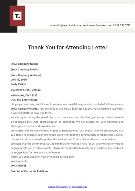 Free Thank You for Attending Letter Template to Edit Online