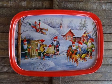 Vintage Metal Serving Tray Retro Santa And Elves With Reindeer Etsy