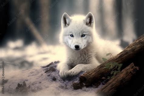 Portrait of a white baby wolf. Arctic wolf cub on nature background. AI ...