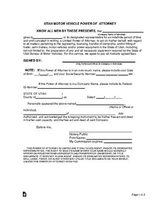 Utah Motor Vehicle Power Of Attorney Form Pdfsimpli