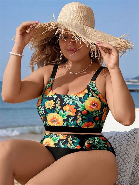 SHEIN Swim Lushore Plus Size Floral Printed Bikini Swimming Suit Set