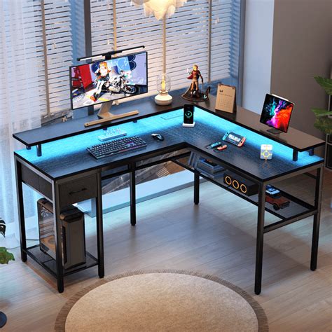 Hugger Led Lighted Gaming Desk With Power Outlets Usb Charging Ports