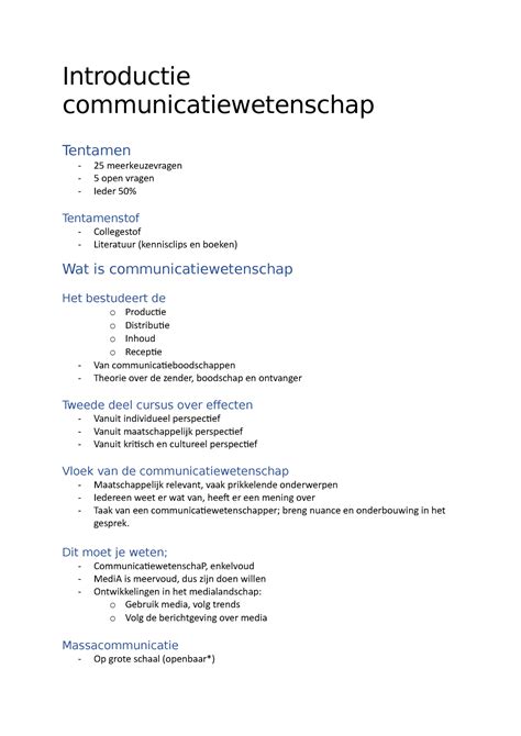 Introductie Communicatiewetenschap Aantekeningen Introductie