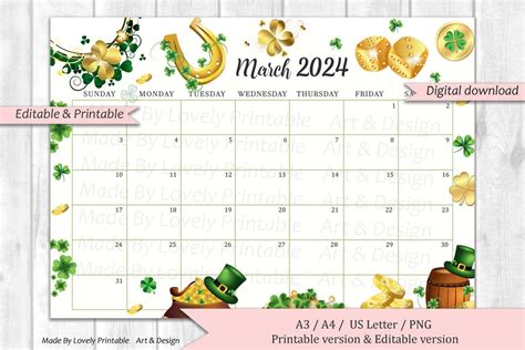 Editable March Calendar Happy St Patrick S Day Planner Printable