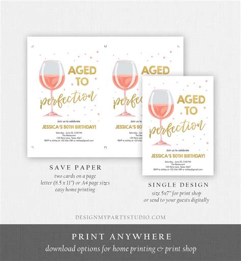 Editable Aged To Perfection Birthday Invitation Pink Rose Wine Etsy