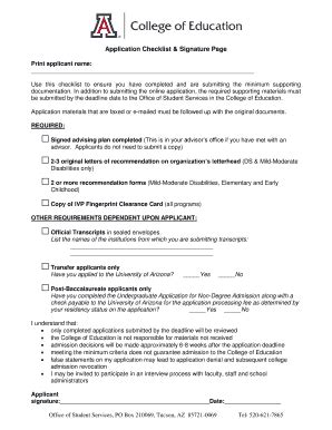 Fillable Online Coe Arizona Application Checklist Signature Page Coe